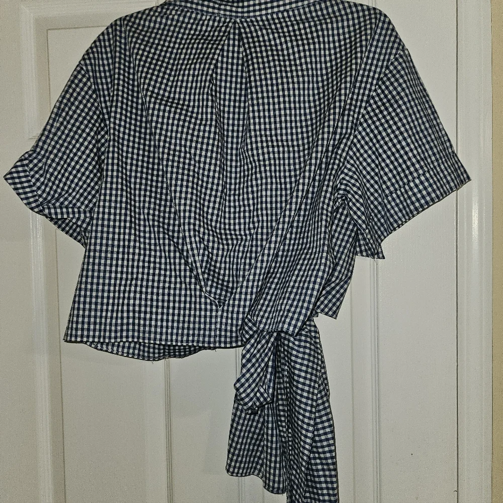 Reformation Navy and White Gingham Wrap Blouse - Picture 2 of 3